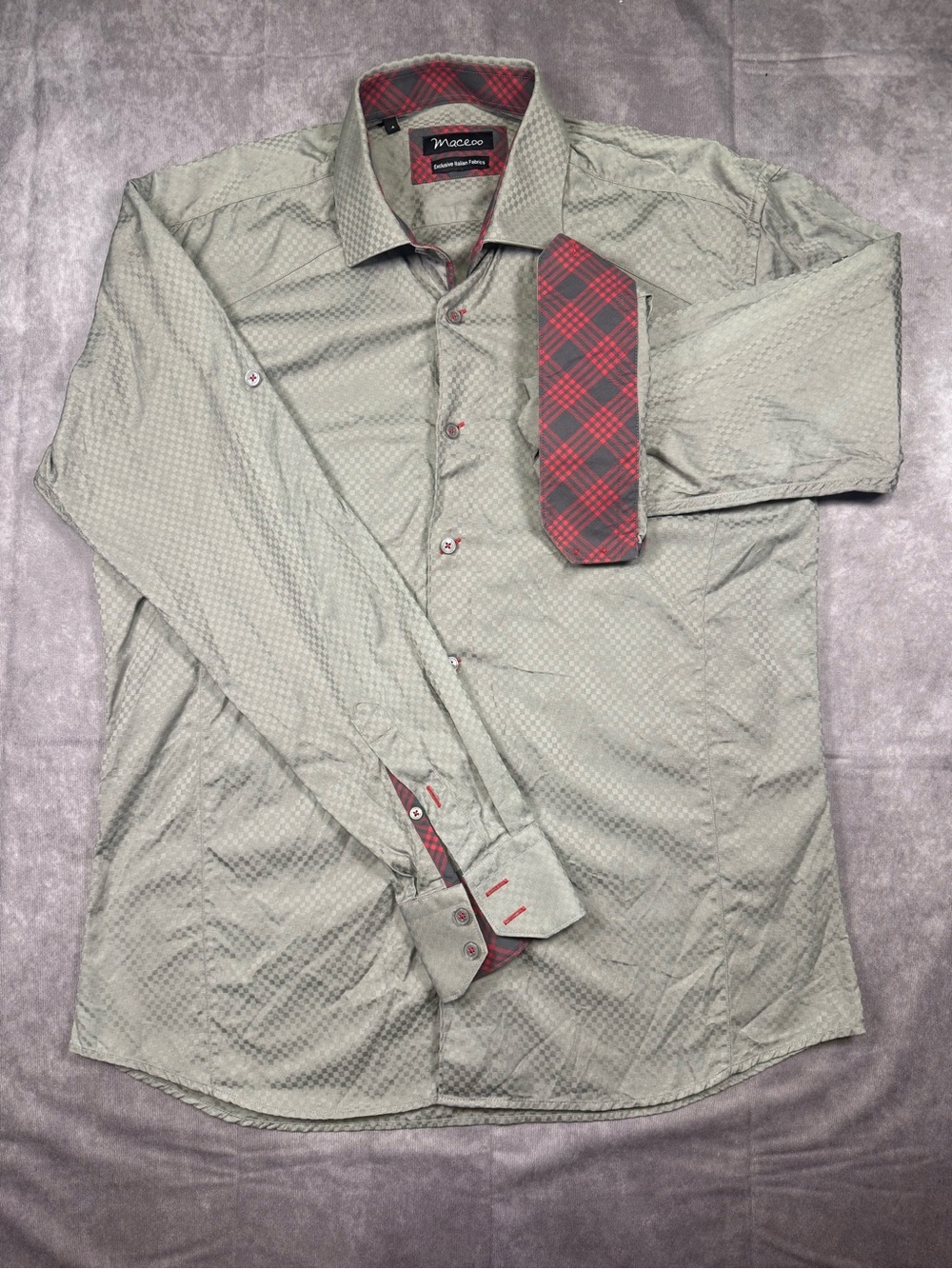 Maceoo Men's Light Sage Dress Shirt with Red Plaid Trim
